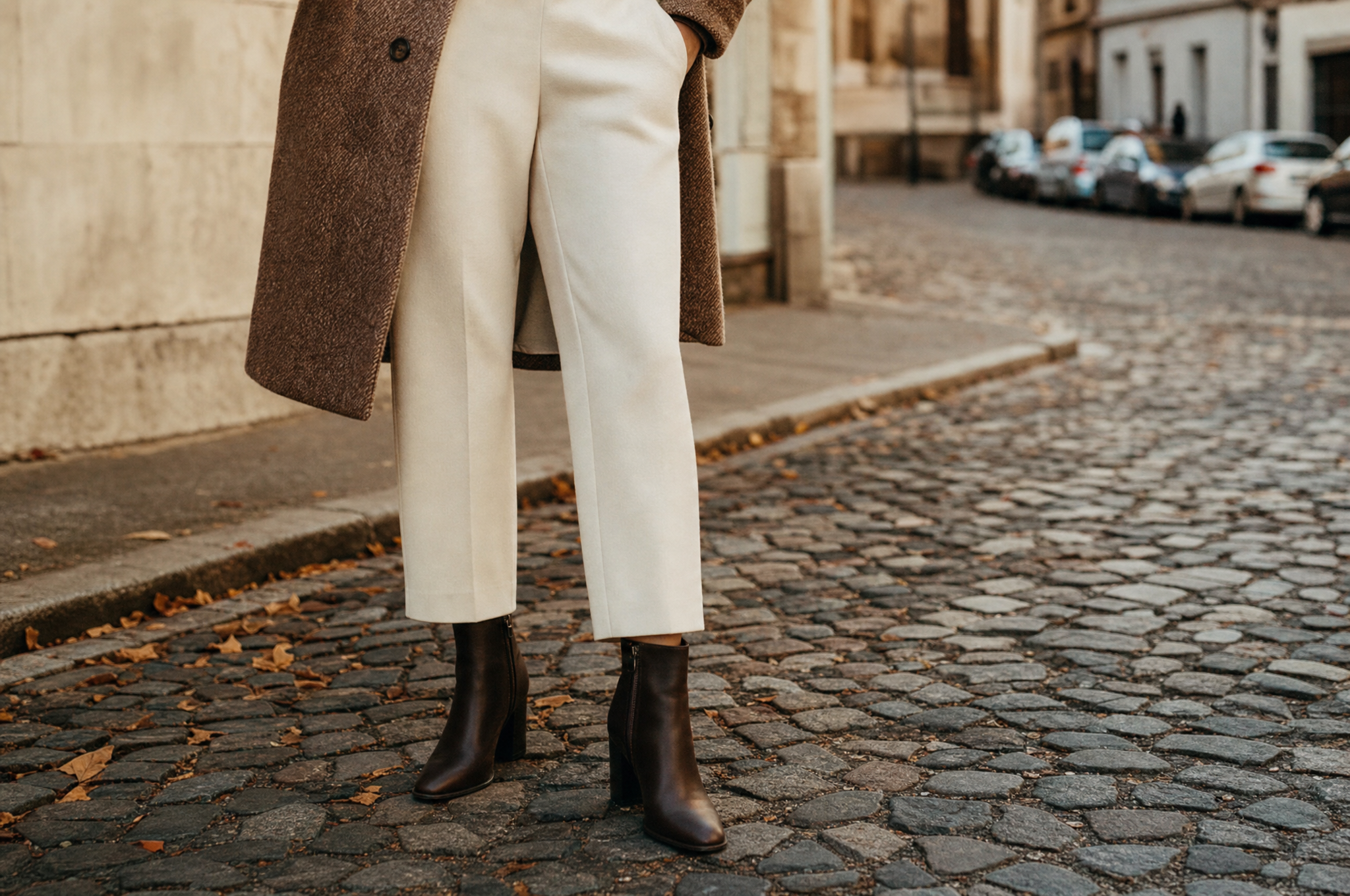 Cropped ankle trousers with leather ankle boots in soft autumn light on cobblestone