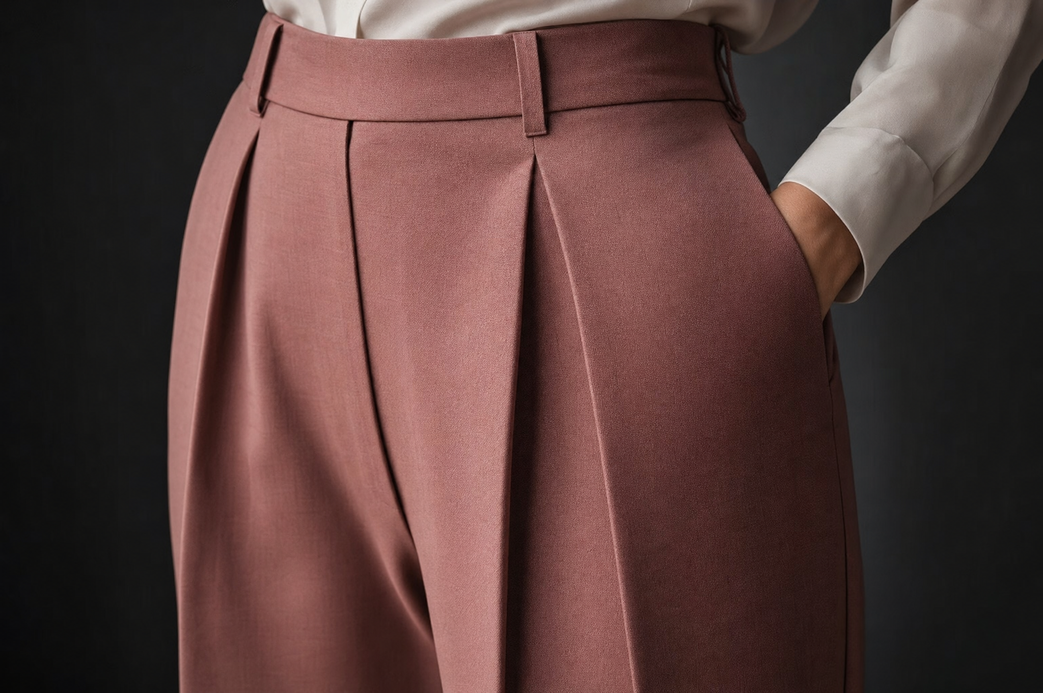 Tailored trousers showing fabric texture and construction detail
