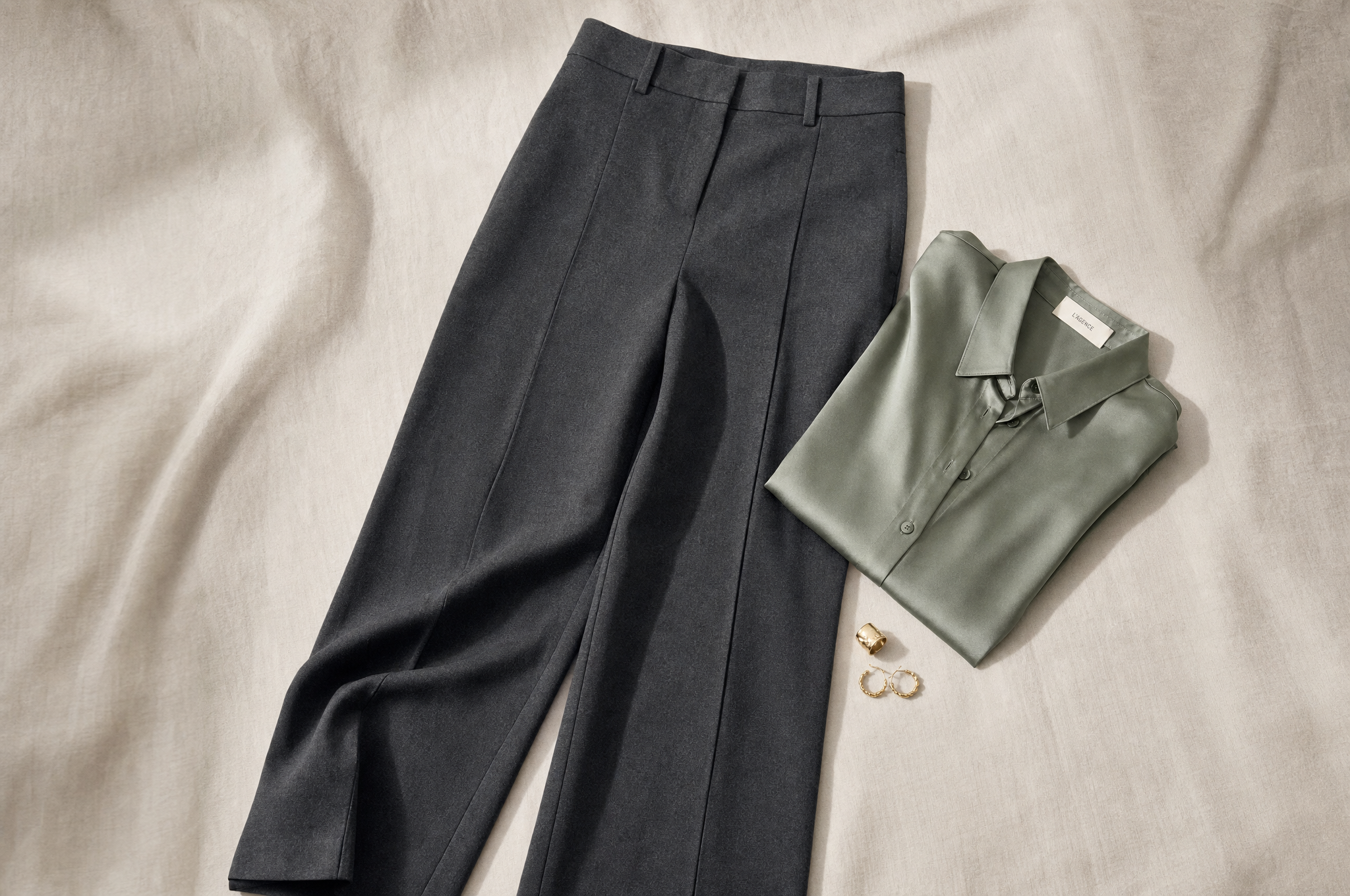 Wide-leg charcoal wool trousers with sage silk blouse
