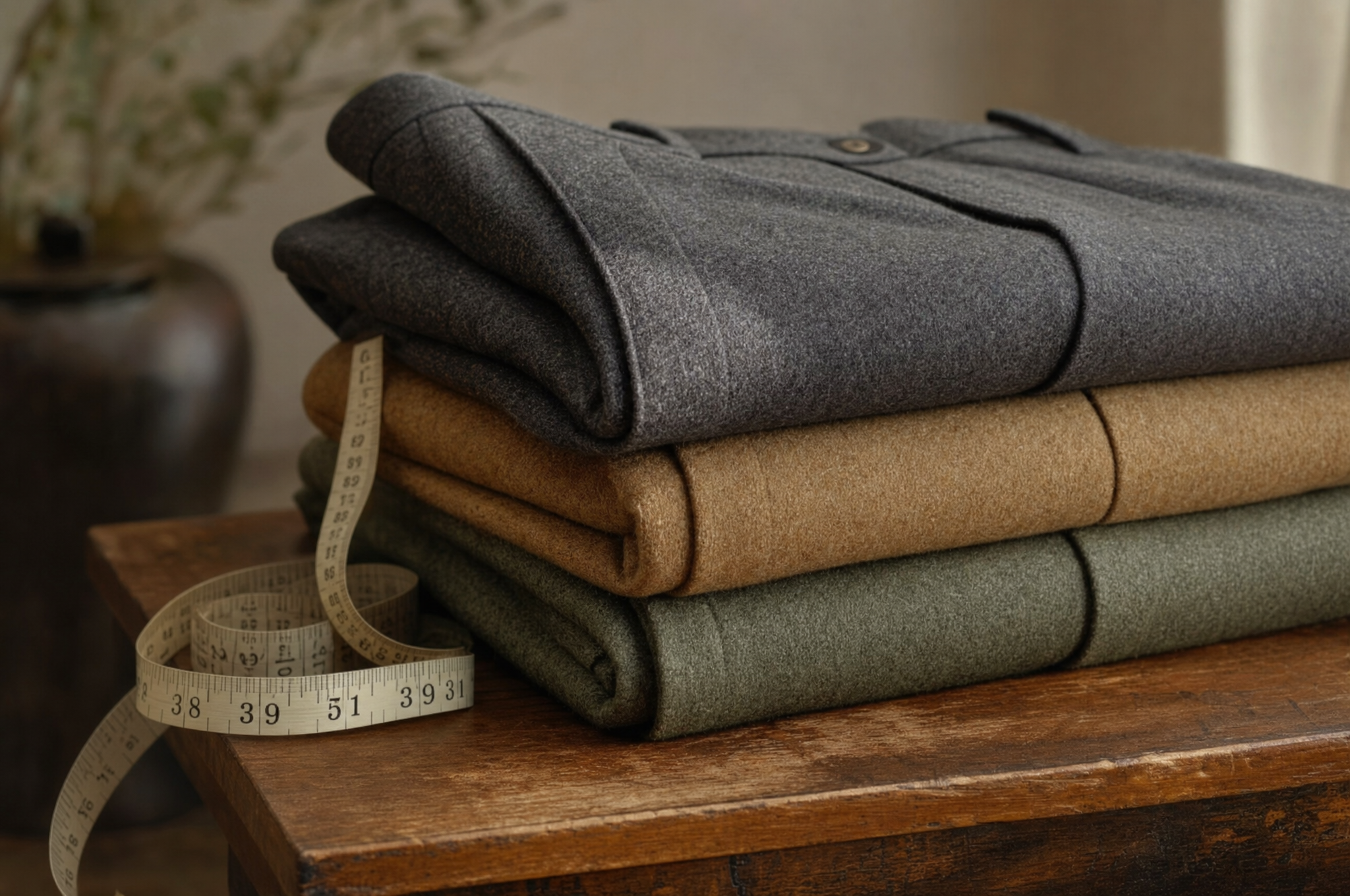 Stack of folded wool trousers in charcoal, camel, and sage with a measuring tape