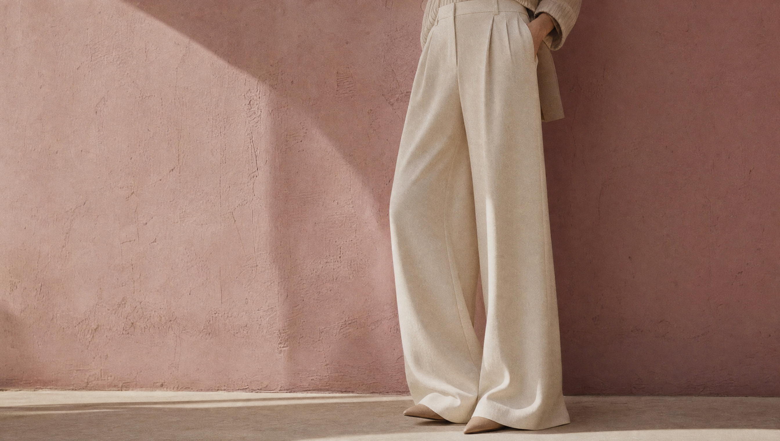 Woman wearing flowing cream wide-leg trousers against a dusty rose wall